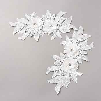 Polyester & Plastic Pearl & Rhinestone Ornament Accessories, Flower Embroidery Ornament Accessories, White, 234x110x6mm