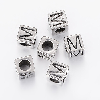 304 Stainless Steel Large Hole Letter European Beads, Cube with Letter.M, Antique Silver, 8x8x8mm, Hole: 5mm