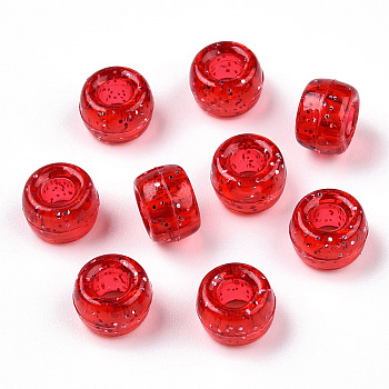 Transparent Plastic Beads, with Glitter Powder, Barrel, FireBrick, 9x6mm, Hole: 3.8mm