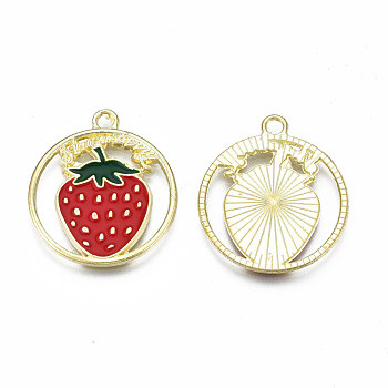Alloy Enamel Pendants, Cadmium Free & Nickel Free & Lead Free, Light Gold, Ring with Word and Strawberry, Red, 24.5x22x1.5mm, Hole: 2mm