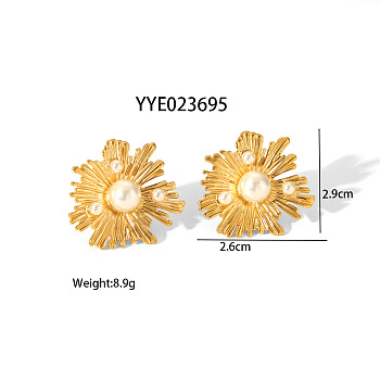 Imitaiton Pearl Flower Irregular Vintage Stud Earrings, Stainless Steel Jewelry, Real 18K Gold Plated, 29x26mm