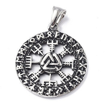 304 Stainless Steel Pendants, Flat Round with Viking Compass Rune, Antique Silver, 37x32x3mm, Hole: 8x5mm