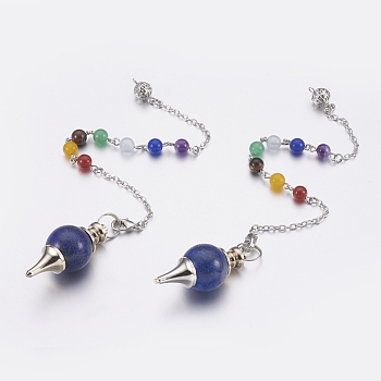 Natural Lapis Lazuli Sphere Dowsing Pendulums, with Mixed Stone and Brass Findings, Chakra, Round, Platinum, 240~245mm