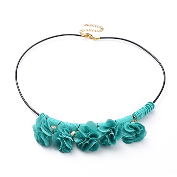 Cowhide Leather Cord Bib Necklaces, with Polymer Clay Heishi Beads, Acrylic Cloth Pendant, 304 Stainless Steel Twisted Extender Chains and Lobster Claw Clasps, Flower, Dark Turquoise, 18.1 inch(46cm)