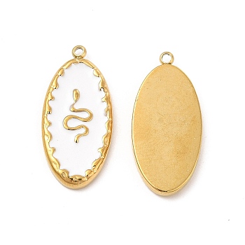 Vacuum Plating 201 Stainless Steel Enamel Pendants, Real 18K Gold Plated, Oval with Snake Pattern Charm, White, 24.5x11.5x2.5mm, Hole: 1.2mm