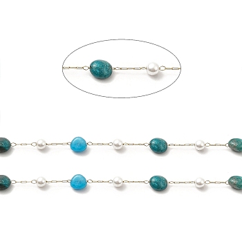 Ion Plating(IP) 316 Surgical Stainless Steel Paperclip Chains, with Natural Apatite Nuggets Beads and Glass Beads, Soldered, Real 18K Gold Plated, with Spool, Link: 2.5x1x0.5mm