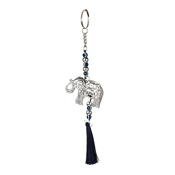 Elephant Alloy Big Pendant Decorations, with Evil Eye Resin Beads, Plastic Beads,  Polyester Tassels, Iron Findings, Wall Hanging Decoration, Antique Silver & Platinum, 240mm