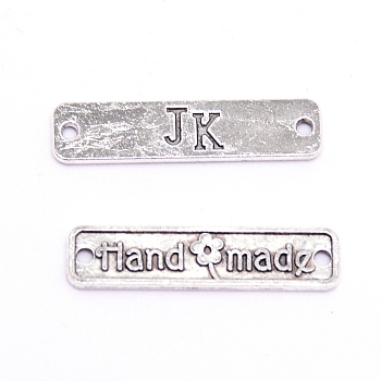 Tibetan Style Alloy Links Connectors, Rectangle with Word Handmade JK, Antique Silver, 6x25x1mm, Hole: 1.5mm