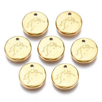 316 Surgical Stainless Steel Charms, Flat Round with Constellation, Real 14K Gold Plated, Aquarius, 10x2mm, Hole: 1mm
