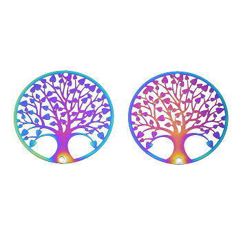 Ion Plating(IP) 201 Stainless Steel Filigree Pendants, Etched Metal Embellishments, Tree of Life, Rainbow Color, 30x0.2mm, Hole: 1.2mm