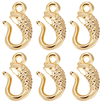 30Pcs Brass S-Hook Clasps, for Bracelet Making, Fish, Real 18K Gold Plated, 11x6x2.5mm, Hole: 1.2mm