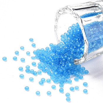 12/0 Grade A Round Glass Seed Beads, Transparent Frosted Style, Dodger Blue, 2x1.5mm, Hole: 0.8mm, 30000pcs/bag