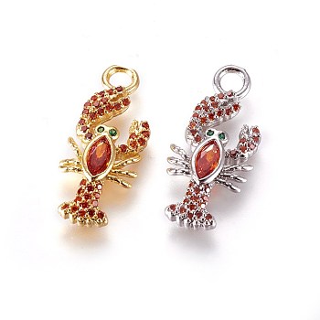 Brass Micro Pave Cubic Zirconia Pendants, Lobster, Orange Red, Mixed Color, 23.5x10x3mm, Hole: 3mm
