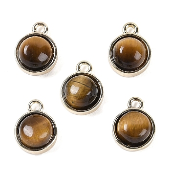 Natural Tiger Eye Pendants, with GoldenTone Rack Plating Brass, Flat Round, 9.8x7.5x4.3mm, Hole: 1.2mm