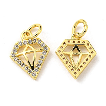 Rack Plating Brass Micro Pave Cubic Zirconia Charms, with Jump Ring, Diamond, Golden, 13x10x2mm, Hole: 3.2mm