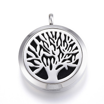 316 Surgical Stainless Steel Diffuser Locket Pendants, with Perfume Pad and Magnetic Clasps, Flat Round with Tree of Life, Black, 36.5x30x6.5~7mm, Hole: 5mm