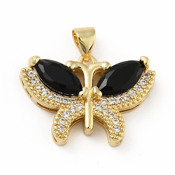 Brass Micro Pave Cubic Zirconia Pendants, Cadmium Free & Lead Free, Long-Lasting Plated, Butterfly, Real 18K Gold Plated, Black, 16.5x23.5x6mm, Hole: 3.5x3.5mm