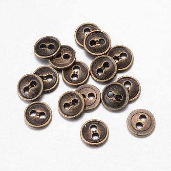 Alloy Buttons, 2-Hole, Flat Round, Antique Bronze, 10x2mm, Hole: 1.5mm