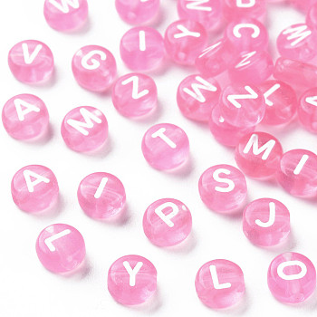 Transparent Acrylic Beads, Horizontal Hole, Mixed Letters, Flat Round, Pearl Pink, 7x4mm, Hole: 1.5mm, about 3700pcs/500g