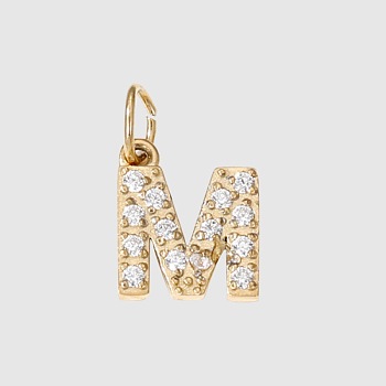 Stainless Steel Cubic Zirconia Pendants with Jump Rings, Real 14K Gold Plated, Long-Lasting Plated, Letter M, 8mm