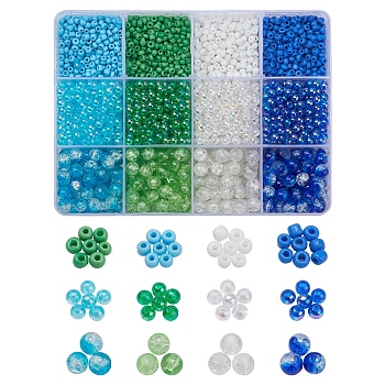 DIY Round Beads Jewelry Making Finding Kit, Including Glass Seed Beads, Transparent Acrylic Beads, Crackle Glass Beads, Blue, 2220~2240Pcs/box