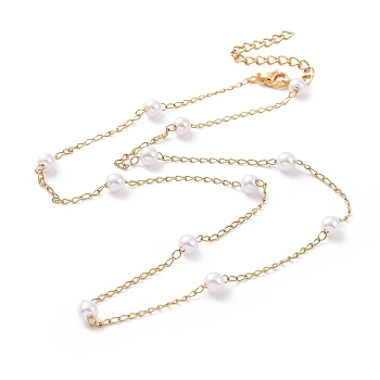 Vacuum Plating 304 Stainless Steel Beaded Necklaces, with Plastic Imitation Pearl Beads and Curb Chains, Golden, 17.48 inch(44.4cm)