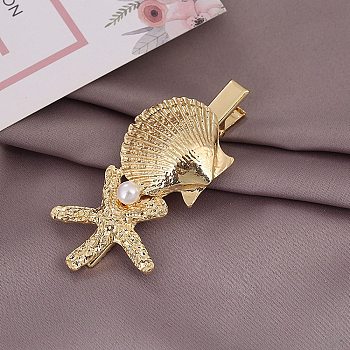 Shell & Starfish Alloy Alligator Hair Clips, with Plastic Imitation Pearl, for Women Girl, Golden, 61.5mm