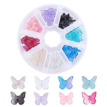 Transparent Spray Painted Glass Charms, with Glitter Powder, Butterfly, Mixed Color, 9.5x11x3mm, Hole: 0.8mm, 160pcs/box