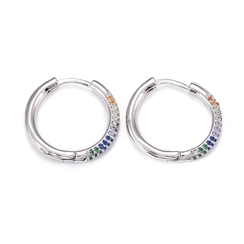 Brass Micro Pave Cubic Zirconia Huggie Hoop Earrings, Long-Lasting Plated, Ring, Colorful, Real Platinum Plated, 20x2.5mm, Pin: 0.8mm