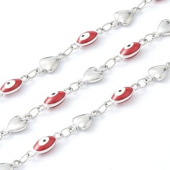 304 Stainless Steel Enamel  Link Chains, Evil Eye & Heart Link, Unwelded, with Spool, Stainless Steel Color, Red, Evil Eye: 11x4x3mm, Heart: 10x6x2mm,  16.4 Feet(5m)/roll