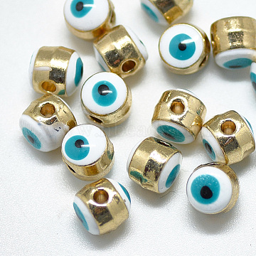 Alloy Enamel Beads, Column with Evil Eye, Light Gold, Dark Turquoise, 5.5x6x6mm, Hole: 1.4mm(X-ENAM-S117-01A)