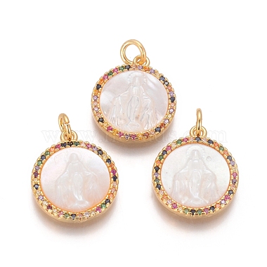 Golden Colorful Flat Round Brass+Cubic Zirconia+Shell Pendants