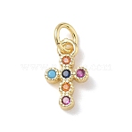 Brass Micro Pave Cubic Zirconia Charms, Cross Charms, Rack Plating, Long-Lasting Plated, Cadmium Free & Lead Free, Real 18K Gold Plated, Colorful, 12x7x2mm, Hole: 3.5mm(KK-L268-015G-B02)