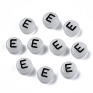 Acrylic Beads, with Enamel and Luminous, Horizontal Hole, Flat Round with Black Letter, Glow in the Dark, Light Grey, Letter.E, 7x3.5mm, Hole: 1.5mm, about 3600~3700pcs/500g(SACR-S273-29E)
