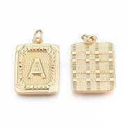 Brass Pendants, with Jump Rings, Cadmium Free & Nickel Free & Lead Free, Rectangle with Letter, Real 18K Gold Plated, Letter.A, 22.5x16x2mm, Jump Ring: 5x1mm, 3mm inner diameter(KK-N232-512A)