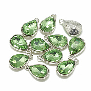 Alloy Glass Charms, Faceted, teardrop, Platinum, Light Green, 14.5x9x5mm, Hole: 1.5mm(PALLOY-T028-7x10mm-19)