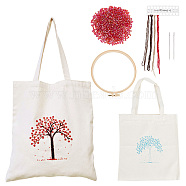 DIY Canvas Shoulder Bag Embroidery Starter Kit, Rectangle with Tree Pattern, Including Cotton Cords, Plastic Embroidery Hoops, Iron Needles, Glass Beads, Mixed Color, Bag: 620mm(DIY-WH0297-14)
