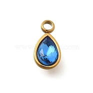 304 Stainless Steel Pendants, with Rhinestone, Real 18K Gold Plated, Ion Plating(IP), Teardrop, Light Sapphire, 10.5x5.5x0.5mm, Hole: 1.8mm(STAS-Q346-04G-01)