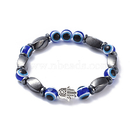 Evil Eye Resin Beads Stretch Bracelets, with Non-Magnetic Synthetic Hematite Beads and Tibetan Style Alloy Beads, Hamsa Hand/Hand of Fatima/Hand of Miriam, Blue, 2-1/4 inch(5.7cm)(BJEW-JB04460)