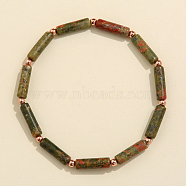 Column Natural Unakite Beads Stretch Bracelets for Women Men, with Beass Beads, 6-7/8 inch(17.5cm)(TJ6393-2)