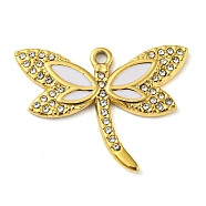Ion Plating(IP) Real 18K Gold Plated 304 Stainless Steel Rhinestone Pendants, with Enamel, Dragonfly Charms, White, 21x27.5x2mm, Hole: 1.7mm(STAS-P341-04G-01)