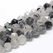 Natural Black Rutilated Quartz Beads Strands, Star Cut Round Beads, Faceted, 6~7x5~6mm, Hole: 1mm, about 64~66pcs/strand, 15.3 inch(G-R448-6mm-01)