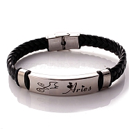 Braided Leather Cord Bracelets, Constellation Bracelet for Men, Aries, 8-1/4 inch(21cm)(PW-WG99416-01)