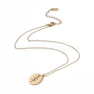 Enamel Oval with Birth Flower Pendant Necklace, Golden 304 Stainless Steel Jewelry for Women, July Larkspur, 15.67~16.26 inch(39.8~41.3cm)(STAS-H174-02G-G)