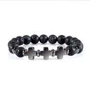 Round Natual Lava Rock Beaded Stretch Bracelets, Cross Synthetic Non-magnetic Hematite Bracelets for Women Men(ED3000-3)