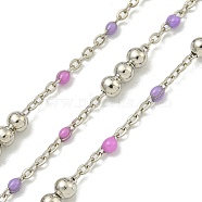 Brass Enamel Round Beaded Link Chain, Soldered, with Spool, Long-Lasting Plated, Cadmium Free & Lead Free, Platinum, Orchid, 12x3.5mm(CHC-G022-07P-20)