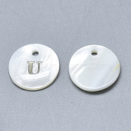 Natural White Shell Mother of Pearl Shell Charms, with Iron Sticker, Flat Round with Letter, Letter.U, 13x2mm, Hole: 1.5mm(SSHEL-N036-053U)
