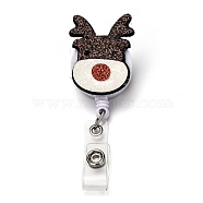 Christmas Reindeer/Stag/Deer Glitter Powder Felt & ABS Plastic Badge Reel, Retractable Badge Holder, with Iron Alligator Clip, Platinum, Coconut Brown, 95mm, Deer: 54x32x23mm(AJEW-I053-11)
