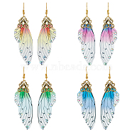 4Pcs 4 Colors Gradient Butterfly Resin Dangle Earrings, Golden Alloy Long Drop Earrings, Mixed Color, 82x22mm, 1pair/color(EJEW-AN0003-94)