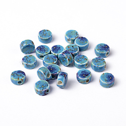 Handmade Printed Porcelain Beads, Flat Round, Dodger Blue, 9x5mm, Hole: 2mm(X-PORC-Q184-9mm)